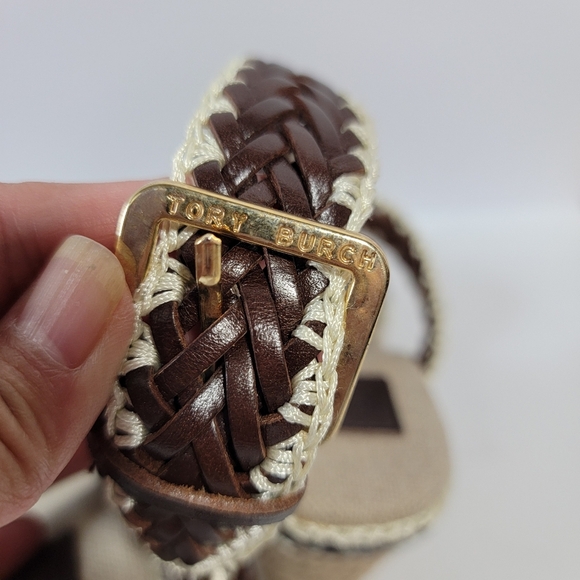 NEW Tory Burch Brown Woven Leather Paloma Ankle Strap Espadrille Wedge Sz 37.5 - Picture 5 of 12